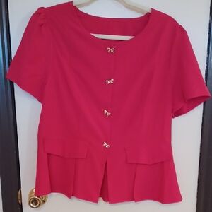 SHEIN Red Short-Sleeve Peplum Top with Gold Bow Buttons